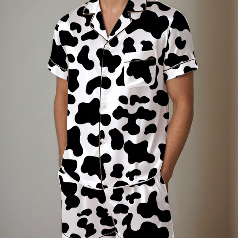 Men's cow print satin pajama set. Comfortable short-sleeved shirt and shorts. Silk fabric.