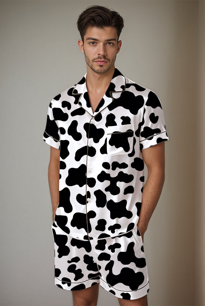 Men's satin pajama set with cow print. Comfortable short-sleeved shirt and shorts. Silk fabric.
