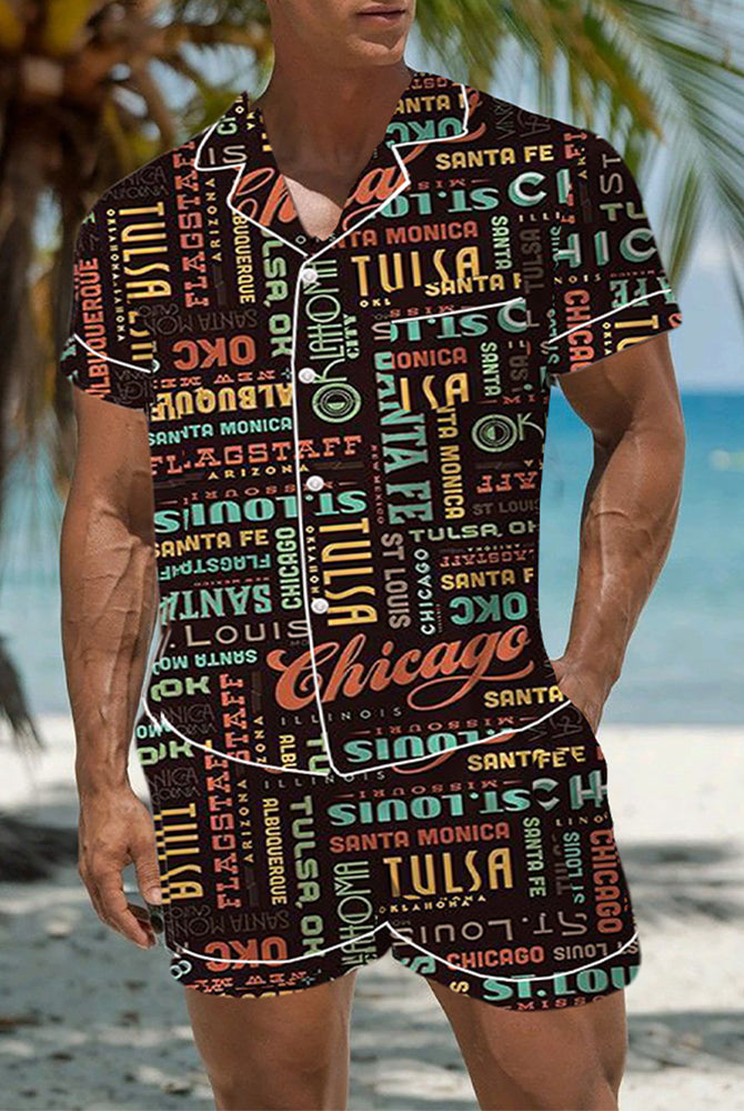 Men's graffiti cartoon satin pajama set with city names, short-sleeved top and shorts