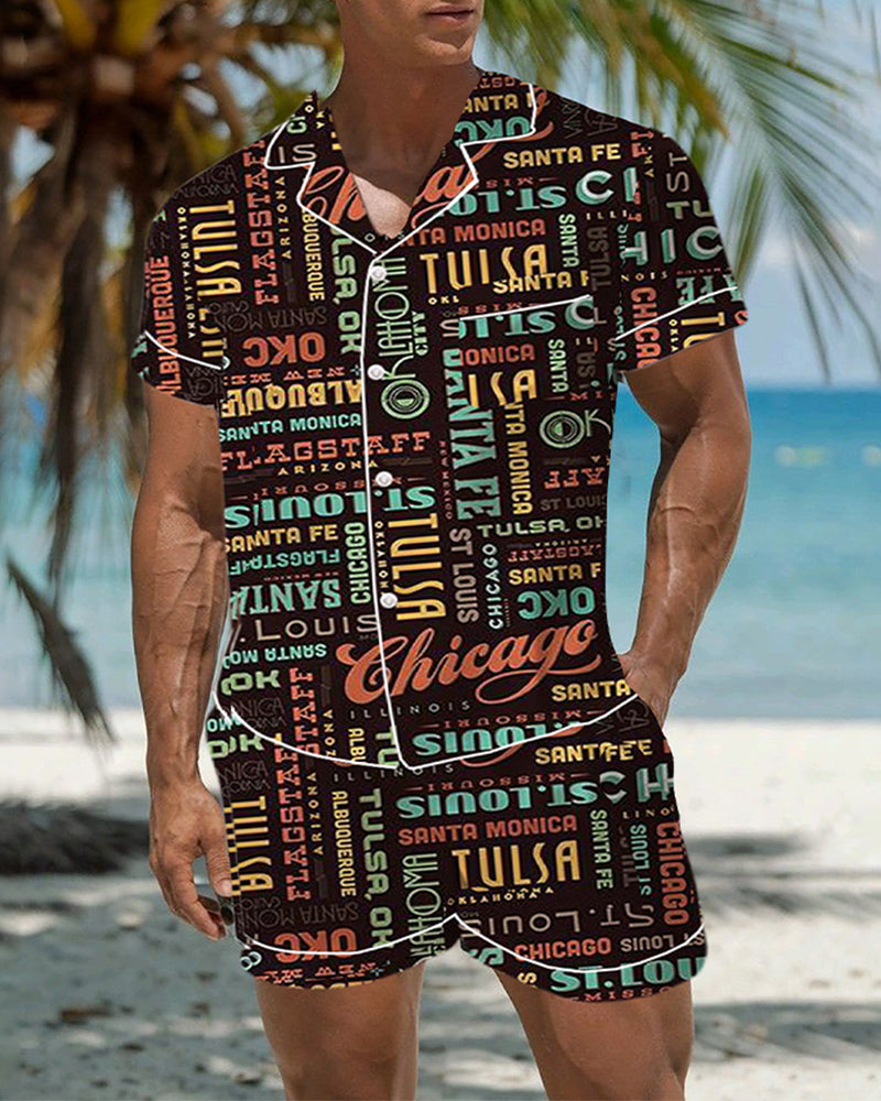 Men's graffiti cartoon satin pajama set with city names, short-sleeved top and shorts