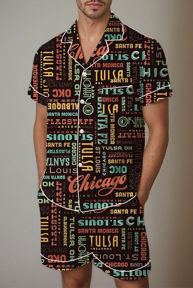 Men's satin pajama set with graffiti cartoon pattern, short-sleeved top and shorts