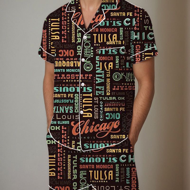 Men's satin pajama set with graffiti cartoon pattern, short-sleeved top and shorts