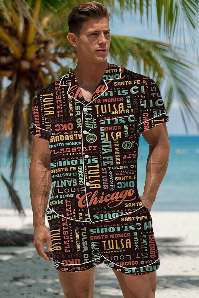 Men's retro graffiti cartoon satin pajama set with city names, short-sleeved top and shorts