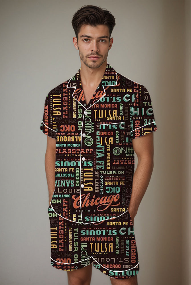 Men's satin pajama set with retro graffiti cartoon pattern, featuring city names