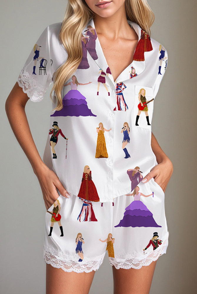 Women's satin pajama set with women print, short sleeves, shorts, lace trim, silk
