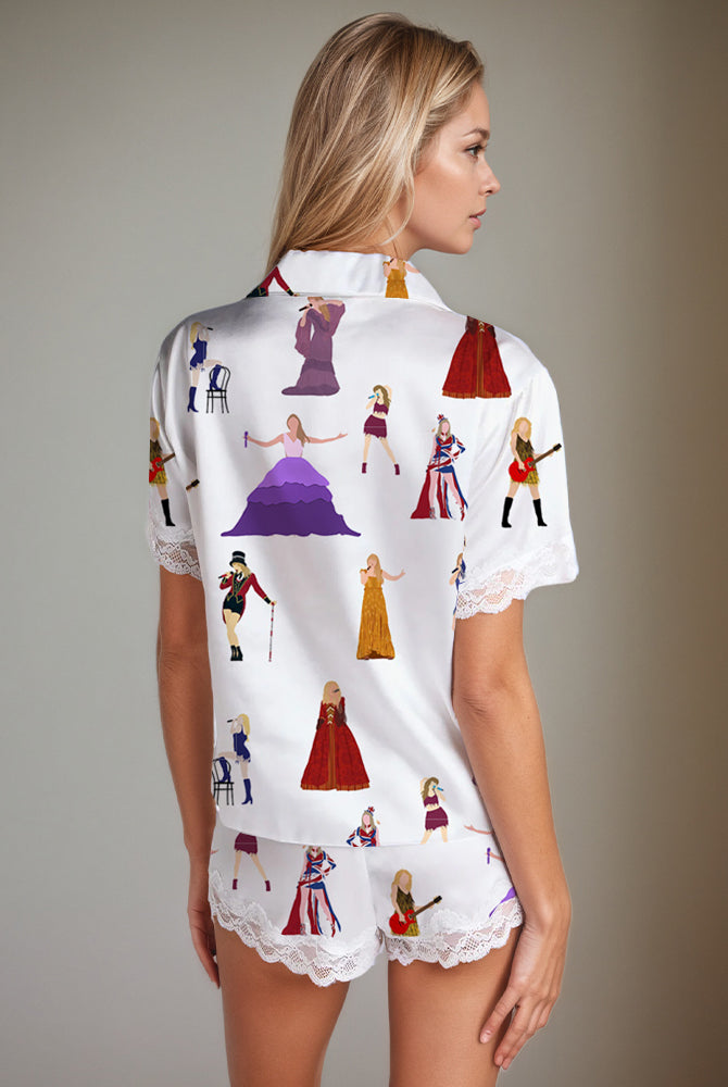 Women's white satin pajama set with women print, short sleeves, shorts, and lace trim