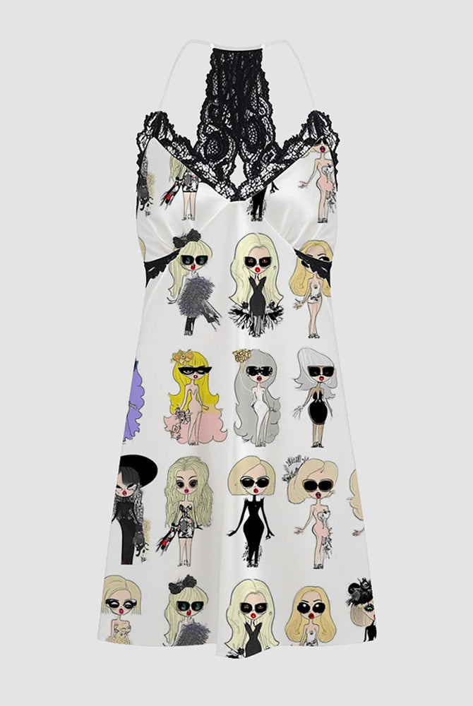 Women's white satin pajama dress with black lace trim and cartoon print, silk sleepwear