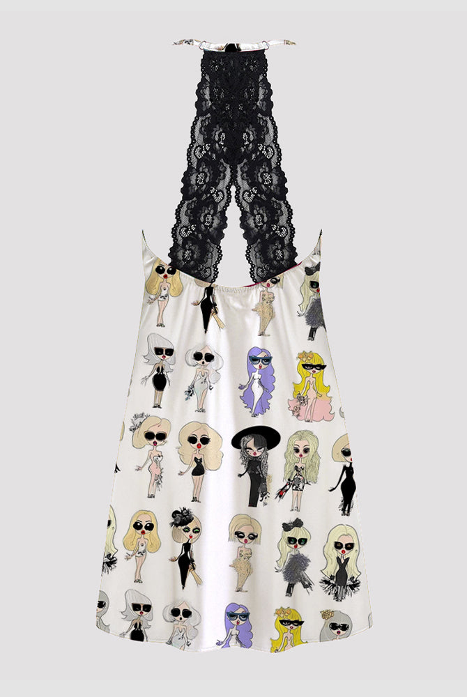 Women's white satin pajama dress with black lace back and cartoon print, silk sleepwear