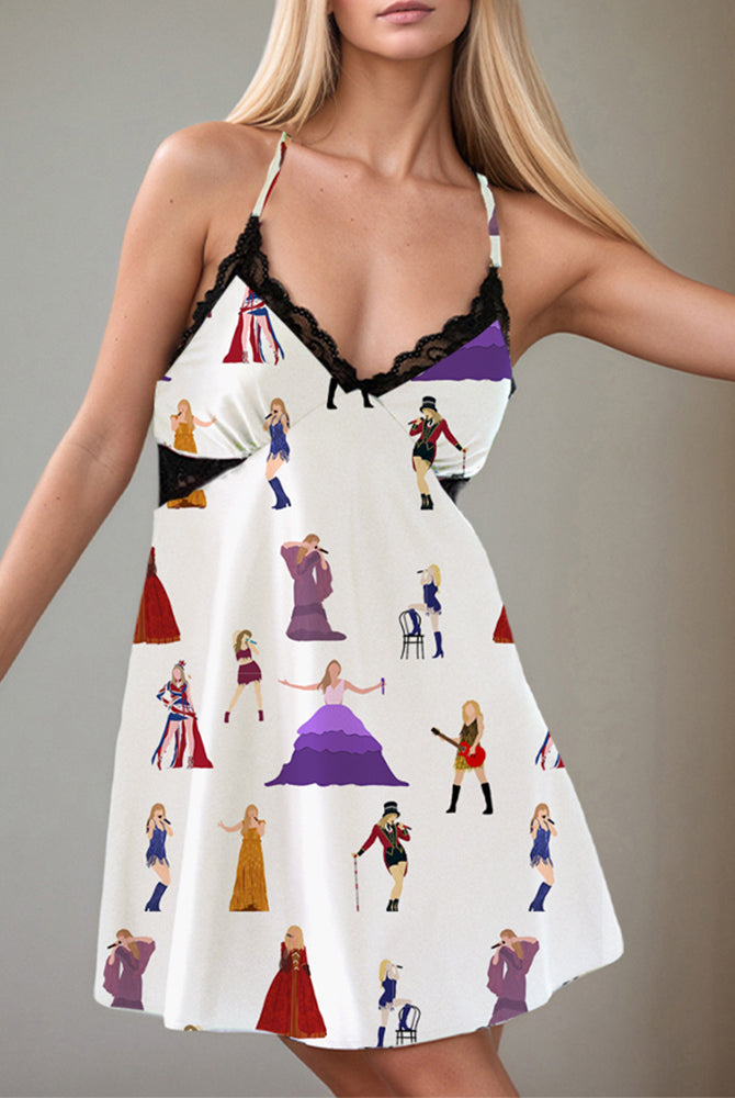 White satin slip dress with doll print and lace trim. Comfortable and sexy lingerie.