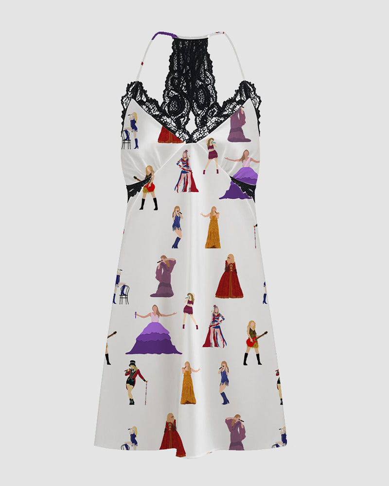 White satin suspender pajama dress with black lace trim and cartoon print, comfortable sleepwear