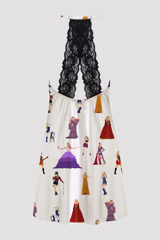 White satin pajama dress with black lace trim and cartoon print, comfortable sleepwear