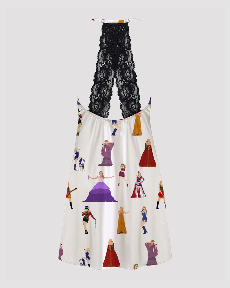 White satin pajama dress with black lace trim and cartoon print, comfortable sleepwear