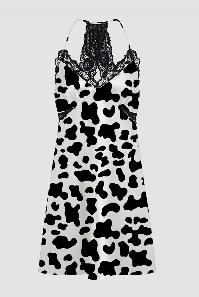 Satin cow print pajama dress with lace trim, black and white women's sleepwear
