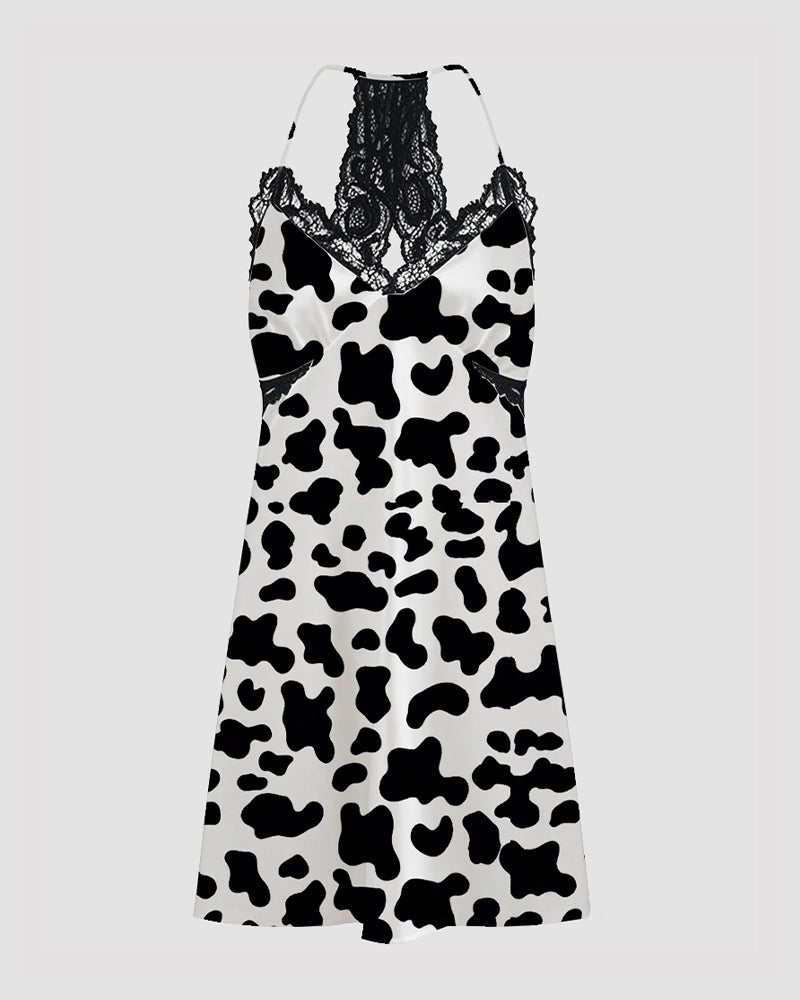 Satin cow print pajama dress with lace trim, black and white women's sleepwear
