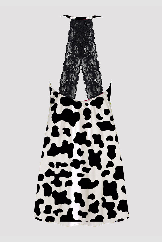 Women's black cow print satin pajama dress with lace back detail, comfortable and stylish sleepwear