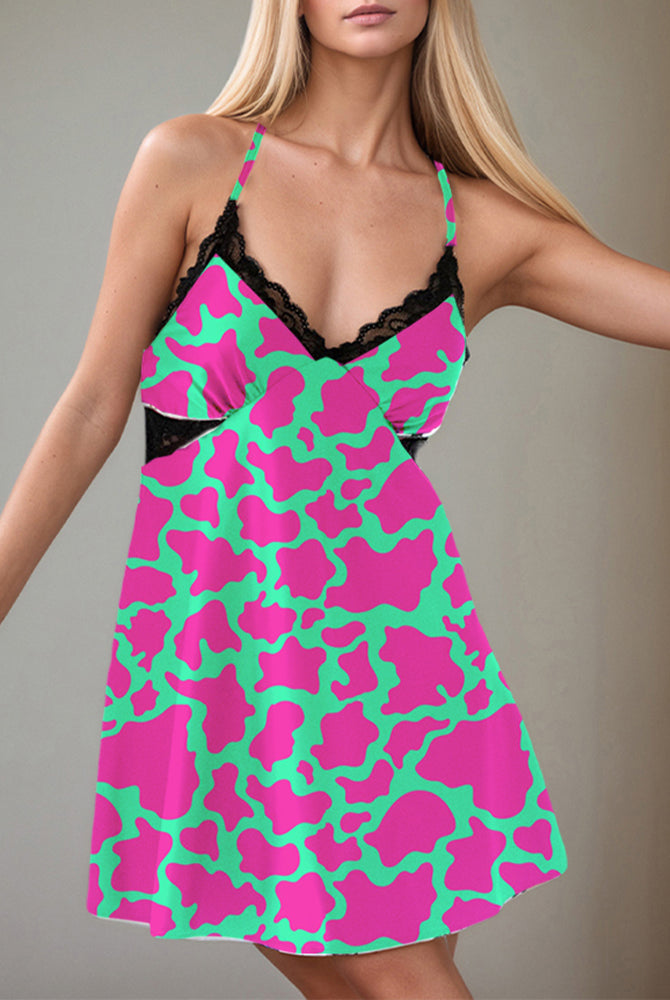 Women's cow print satin slip dress with lace trim. Sexy lingerie with silk fabric.