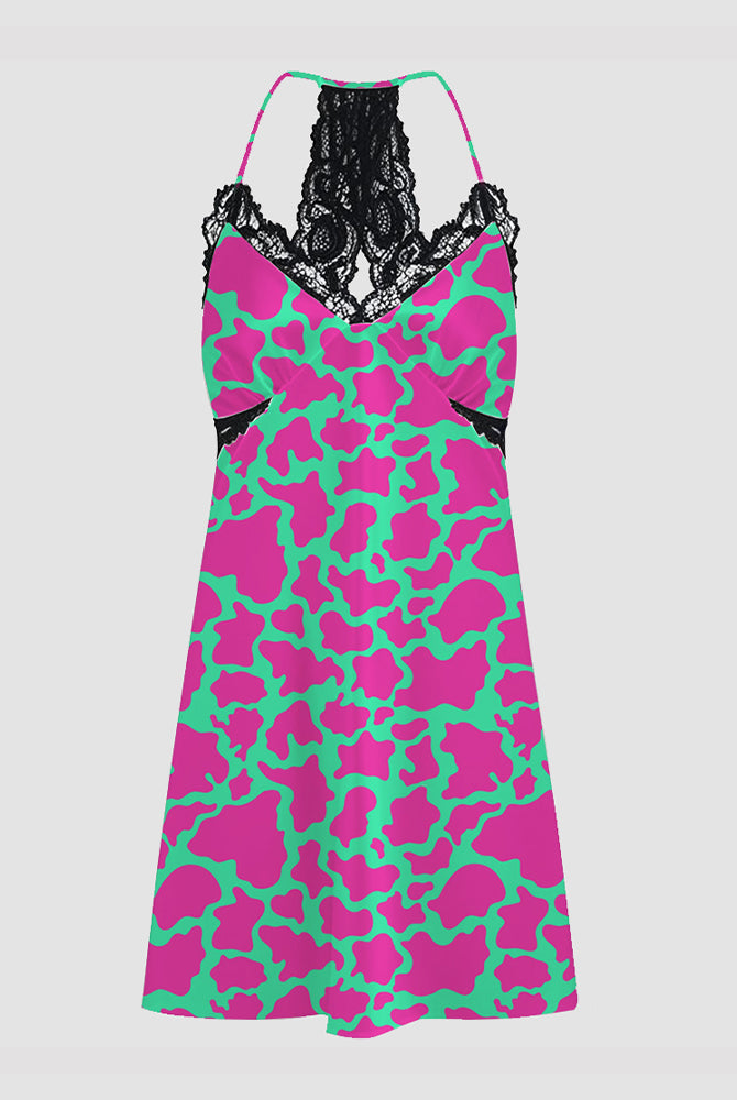 Pink and green cow print satin suspender pajama dress with lace trim, comfortable sleepwear