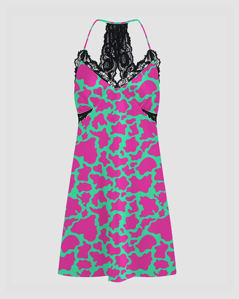 Pink and green cow print satin suspender pajama dress with lace trim, comfortable sleepwear