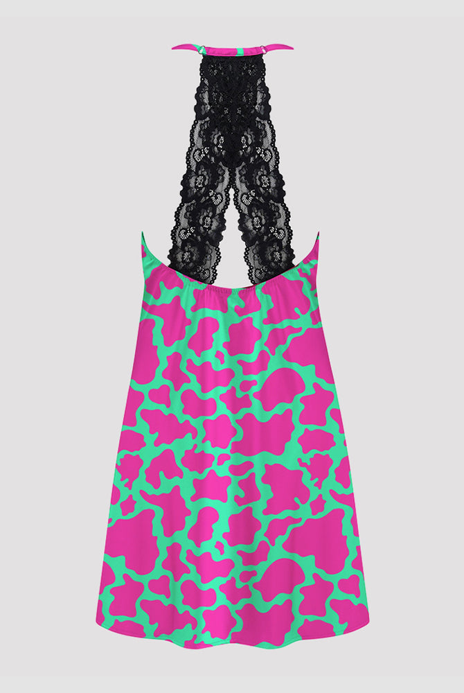Pink and green cow print satin suspender pajama dress with black lace trim, comfortable sleepwear