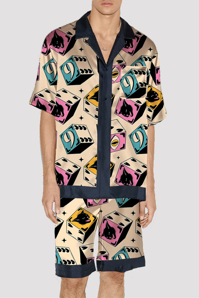 Men's cat pattern satin pajama set, silk fabric, short-sleeved shirt and shorts with navy trim