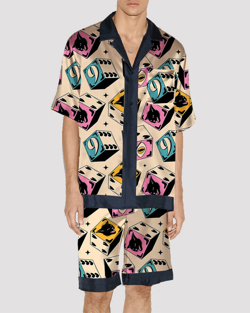 Men's cat pattern satin pajama set, silk fabric, short-sleeved shirt and shorts with navy trim