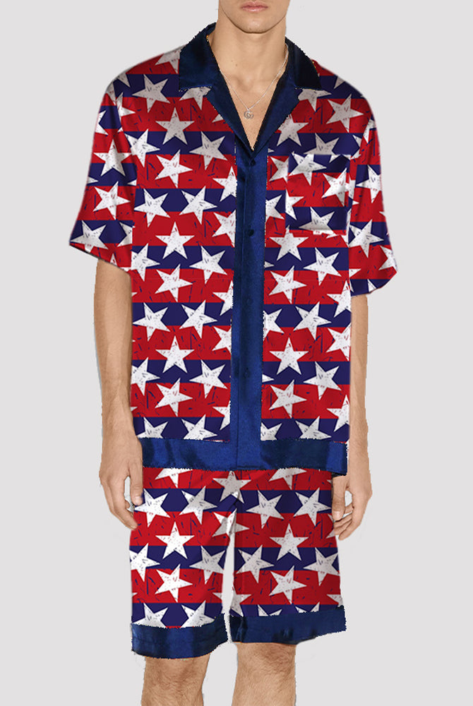 Men's star pattern satin pajama set, silk fabric, short-sleeved shirt and shorts with navy trim