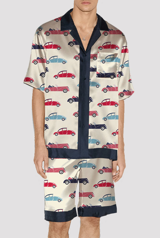 Men's satin pajama set with car pattern, silk fabric, short-sleeved shirt and shorts with navy trim