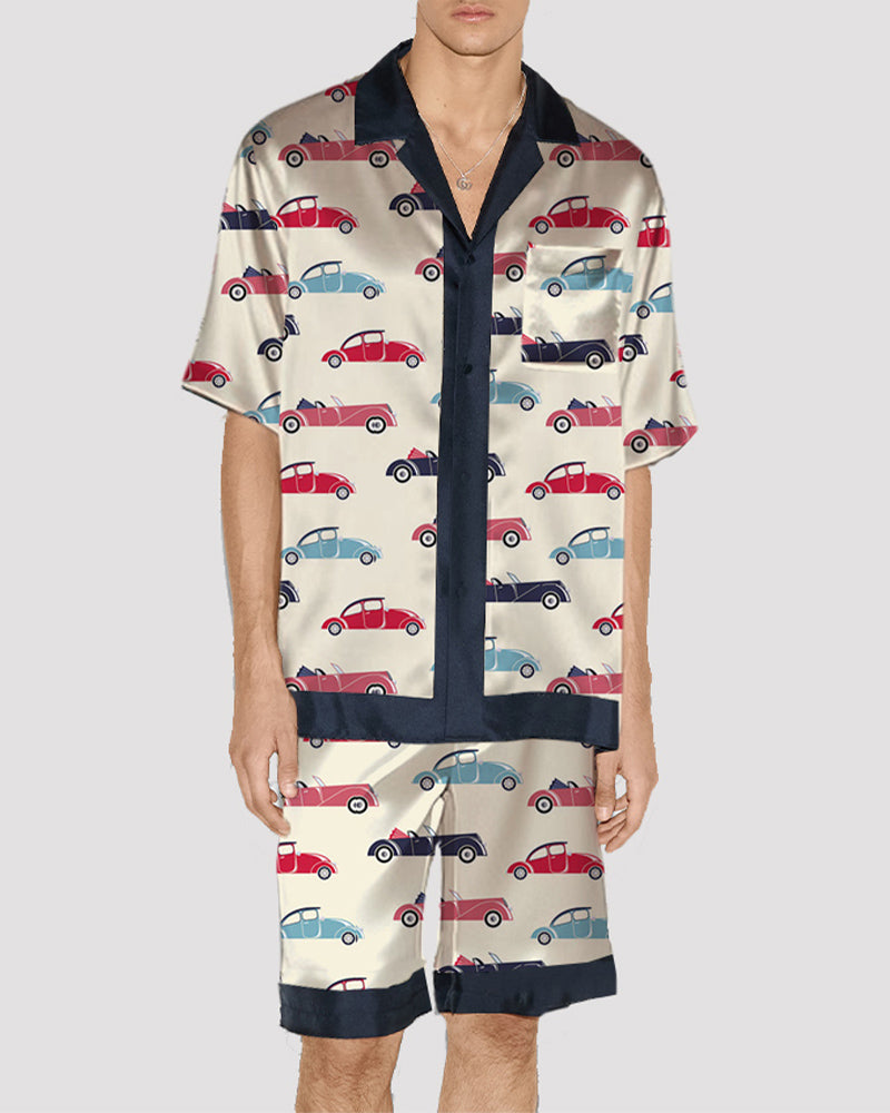 Men's satin pajama set with car pattern, silk fabric, short-sleeved shirt and shorts with navy trim