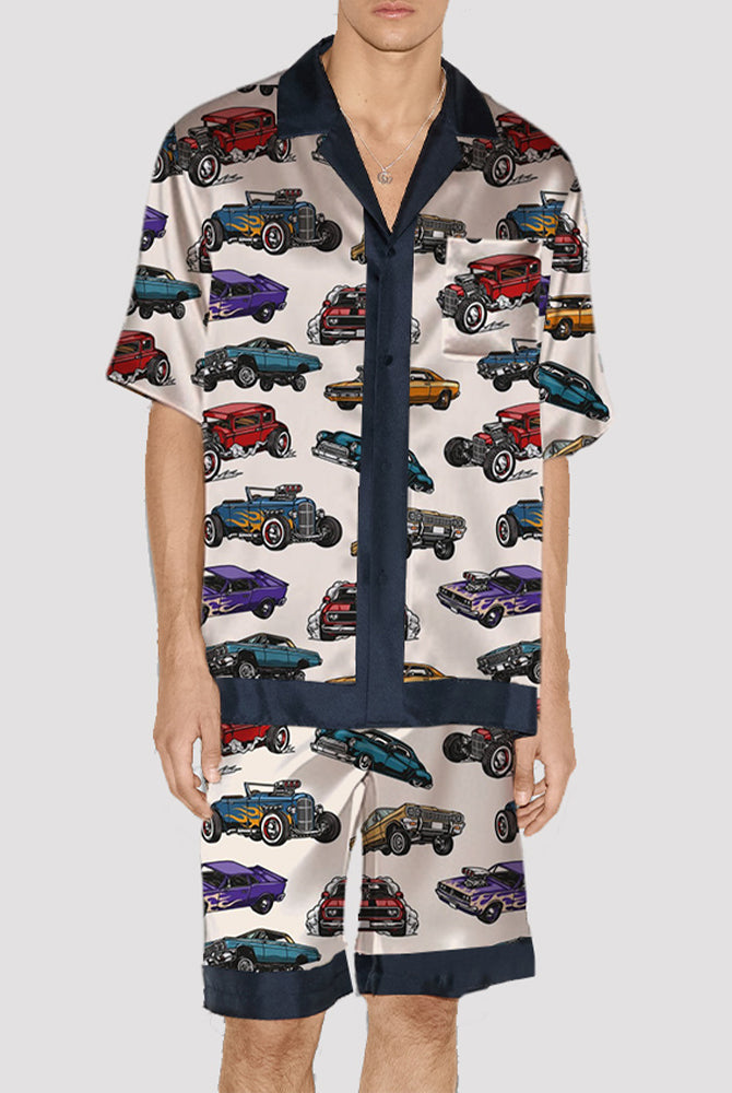Men's car pattern satin pajama set with silk fabric, short-sleeved shirt and shorts with navy trim