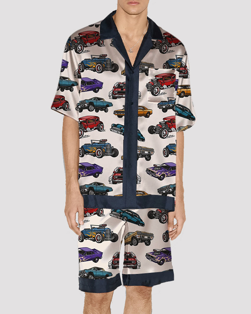 Men's car pattern satin pajama set with silk fabric, short-sleeved shirt and shorts with navy trim