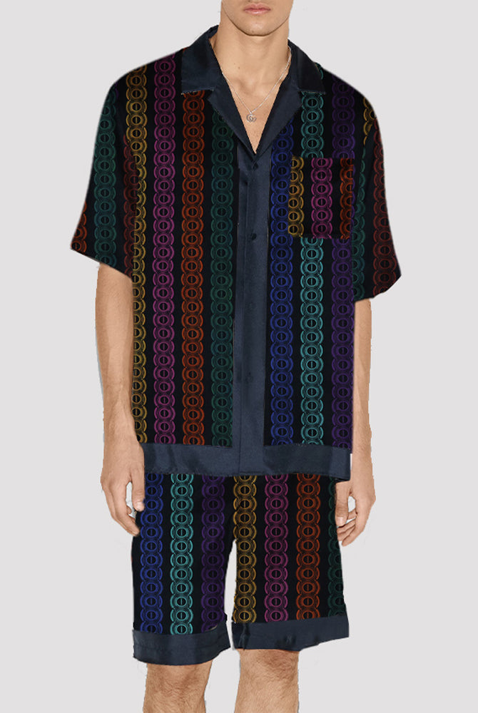 Men's circle pattern satin pajama set, silk fabric, short-sleeved shirt and shorts, navy trim