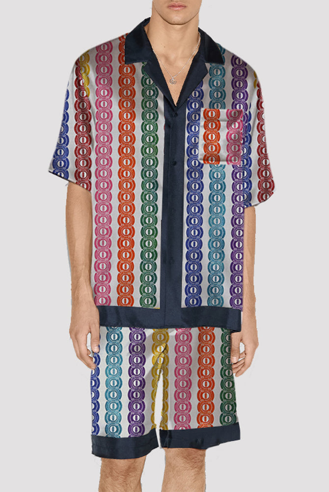 Men's colorful satin pajama set, silk fabric, short-sleeved shirt and shorts with navy trim