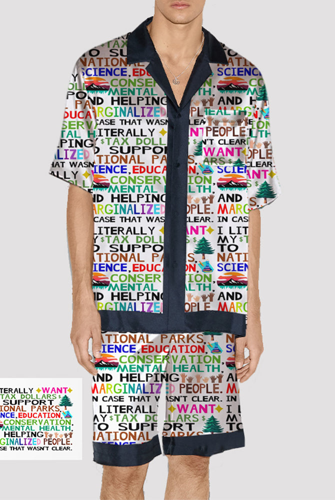 Men's cat print satin pajama set, silk fabric, navy trim, 'support national parks' text