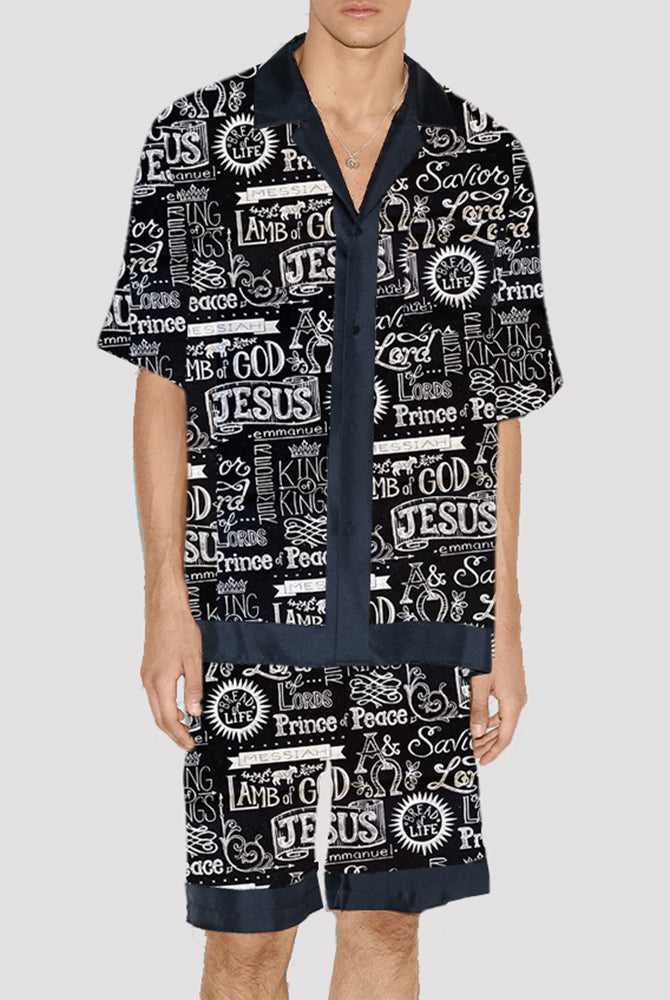 Men's black satin pajama set with religious print, silk fabric, short-sleeved