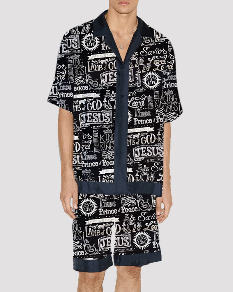 Men's black satin pajama set with religious print, silk fabric, short-sleeved