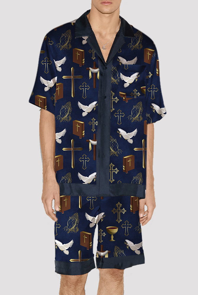 Men's religious print satin pajama set, silk fabric, navy trim, short-sleeved shirt and shorts
