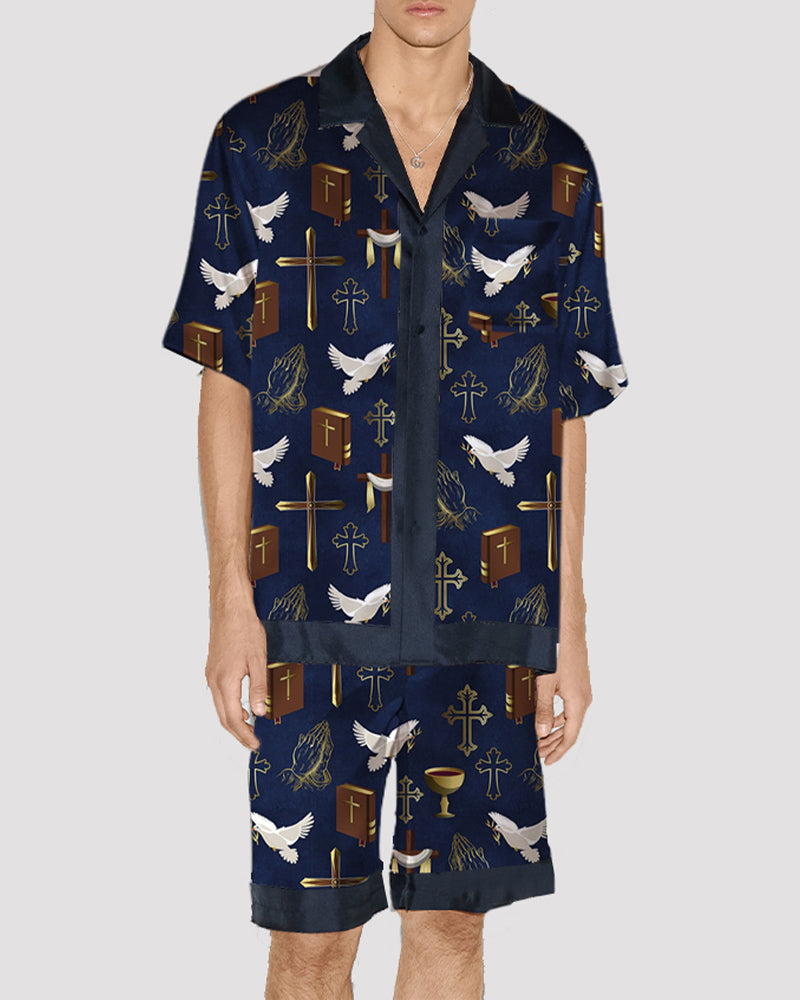 Men's religious print satin pajama set, silk fabric, navy trim, short-sleeved shirt and shorts