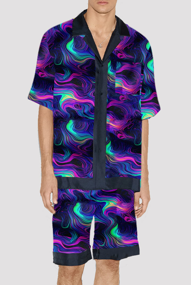 Men's abstract satin pajama set, silk fabric, short-sleeved shirt and shorts with black trim