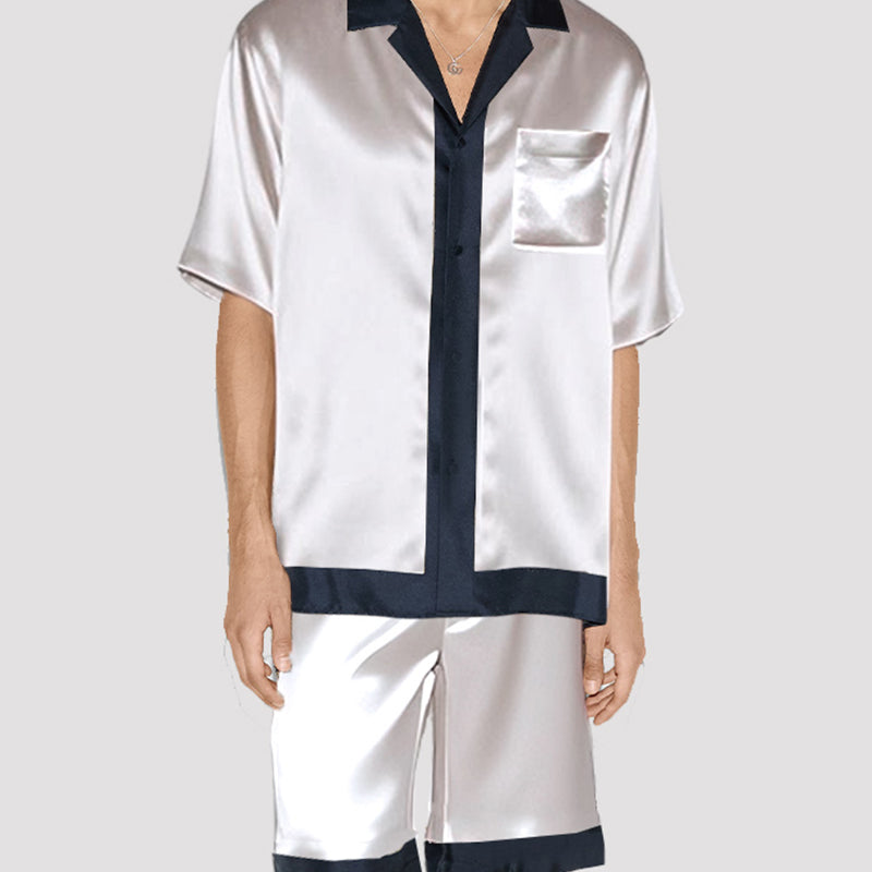 Men's satin pajama set: white shirt with dark collar, button front, pocket and matching shorts