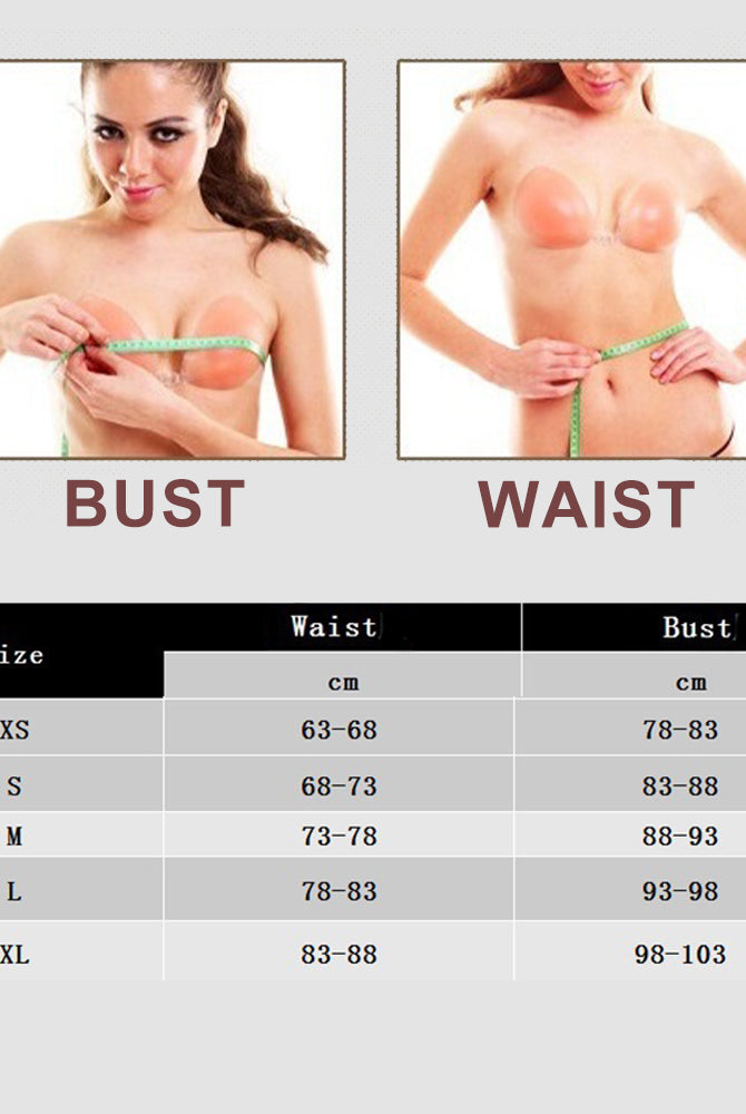 Corset size chart with waist and bust measurements in cm for XS to XL