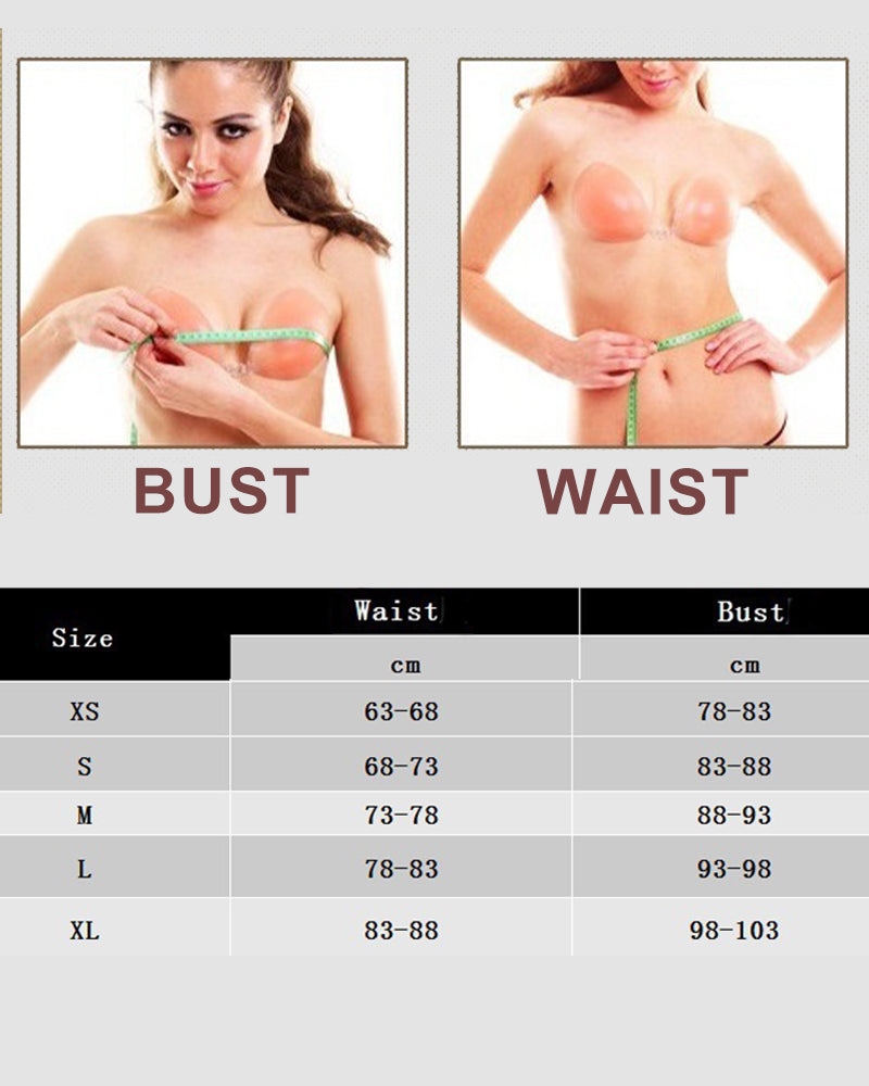 Bust and waist size chart in cm, XS-XL, with women measuring; essential for corset sizing.