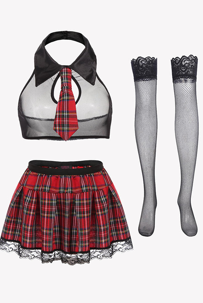 School girl lingerie set: red plaid skirt, black halter top, fishnet stockings, a sexy costume