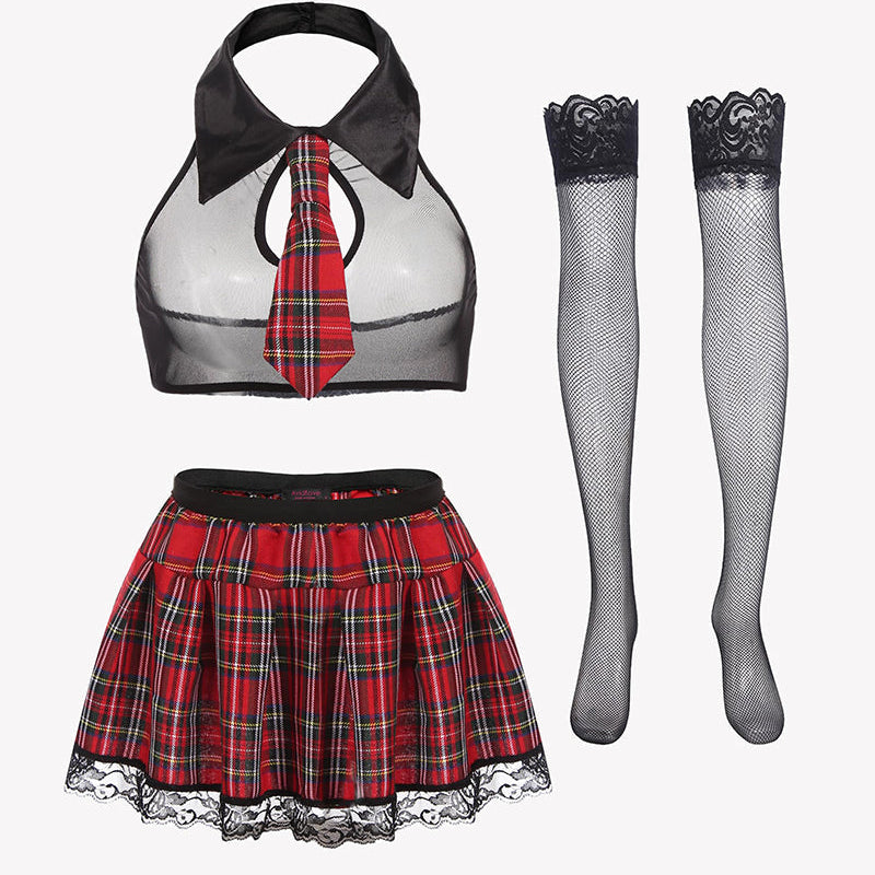 School girl lingerie set: red plaid skirt, black halter top, fishnet stockings, a sexy costume