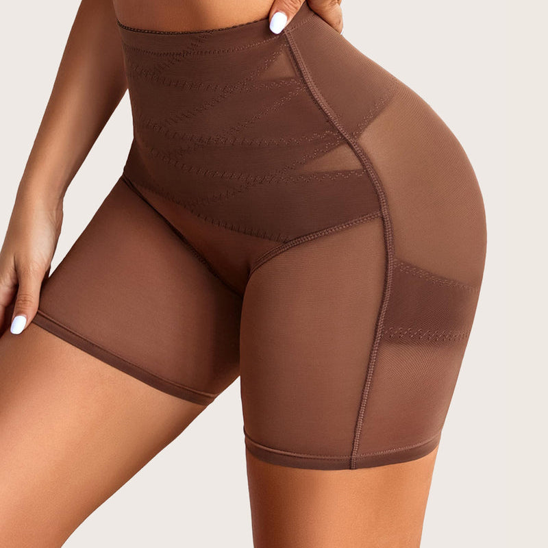 Brown shapewear shorts with tummy control and butt lift, featuring mesh for a smoothing silhouette
