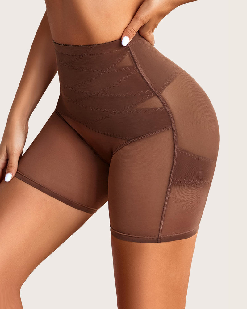Brown shapewear shorts with tummy control and butt lift, featuring mesh for a smoothing silhouette