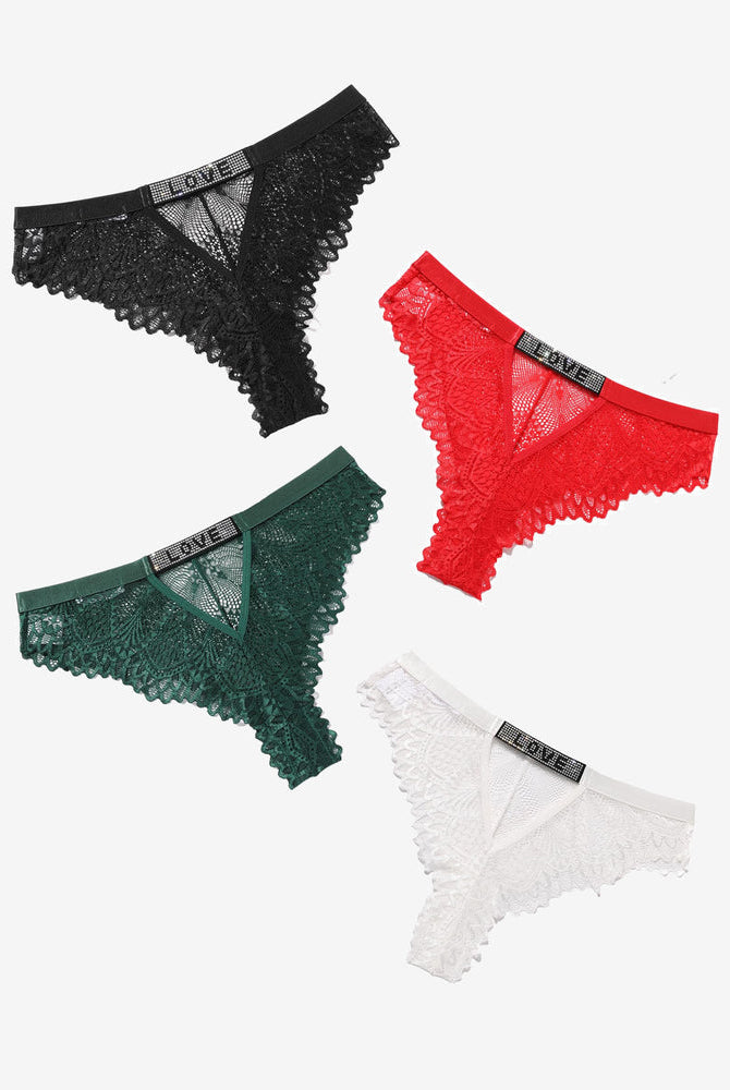 Rhinestone 'LOVE' lace thong panties in four colors: black, red, green, white. Sexy and stylish.
