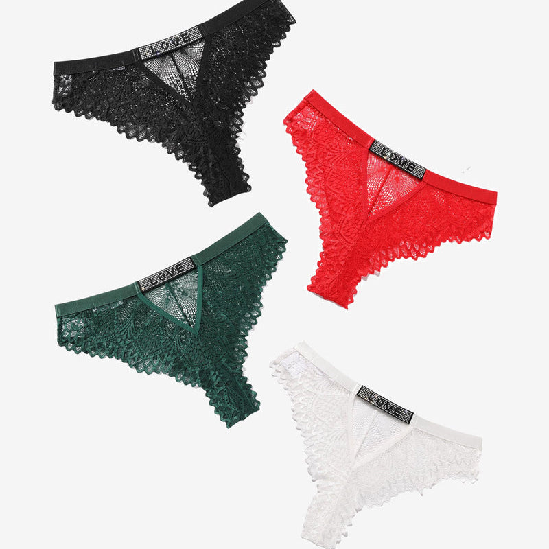 Rhinestone 'LOVE' lace thong panties in four colors: black, red, green, white. Sexy and stylish.