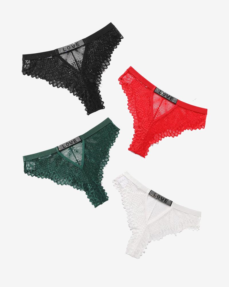 Rhinestone 'LOVE' lace thong panties in four colors: black, red, green, white. Sexy and stylish.
