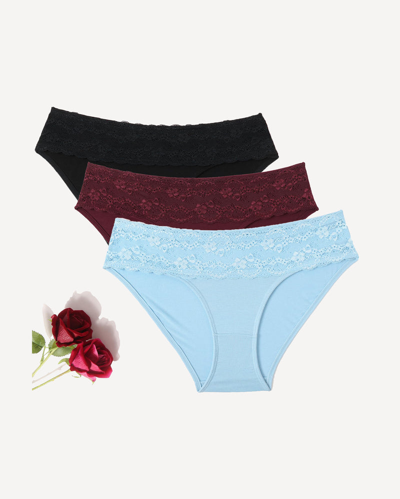 Seamless hipster panties in three colors with lace waistbands. Soft & comfortable, high-cut design.