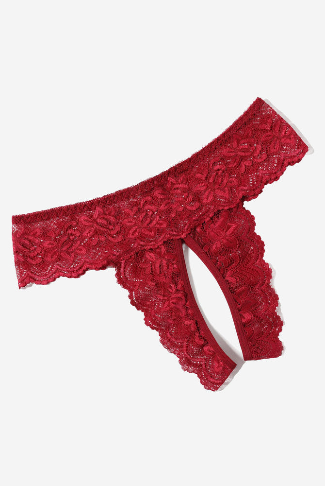 Red lace open-back Avidlove hipster lingerie, floral design, low rise, comfortable, sexy.